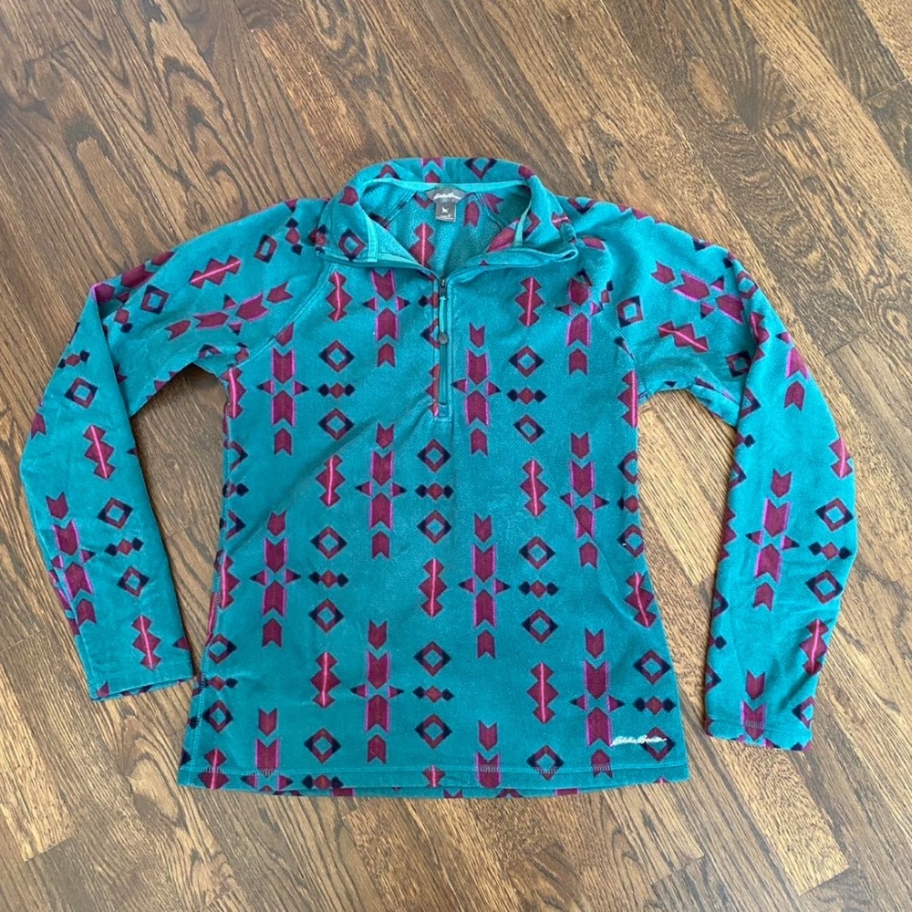 Eddie Bauer Teal quarter zip Fleece Pullover with purple Aztec Accents